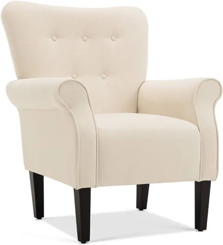 Vista 12 de BELLEZE Silla decorativa moderna, sillón de respaldo alto, silla lateral tapizada con respaldo alado, sofá individual acolchado con patas de madera