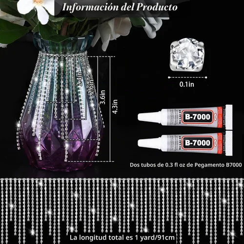 Vista 3 de ROADPLUM Flecos de diamantes de imitación con pegamento, borde de borla de diamantes de imitación, cadena de flecos de cristal de plata brillante