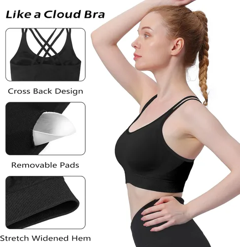 Vista 3 de WOYYHO Brasier deportivo de espalda cruzada para mujer, brasier de yoga con tirantes, brasier de entrenamiento de soporte medio para gimnasio