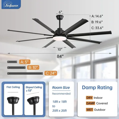 Vista 8 de Sofucor - Ventilador de techo inteligente de 84 pulgadas con luz, ventilador de techo negro para exteriores con 8 aspas de aluminio, funciona