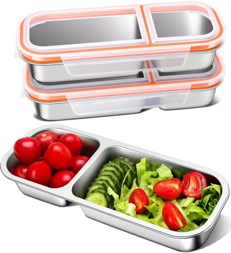 Vista 10 de KTKUDY - Recipiente de acero inoxidable para niños y adultos, grande, a prueba de fugas, 3 compartimentos, apilable, para guardería, escuela