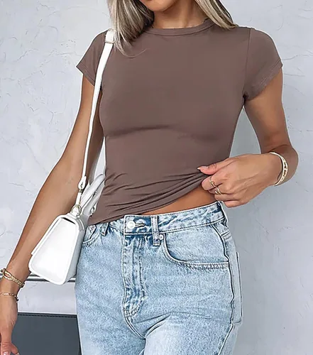 Vista 6 de KIGRAD Womens Short Sleeve Tee Shirt Top Basic Solid Slim Fit Round Neck Crop T-Shirt Sports Casual Workout