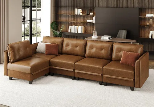 Vista 16 de LLappuil Sofá modular de cuero marrón Sofá seccional con almacenamiento