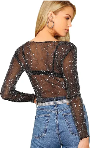 Vista 2 de Floerns Camiseta corta de manga larga con cuello alto falso transparente para mujer