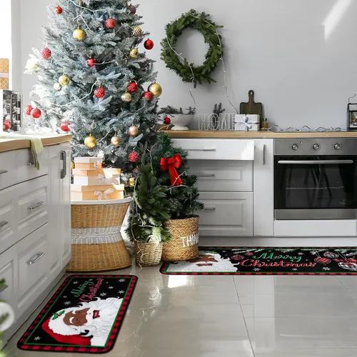 Vista 4 de Bencailor Juego de 2 alfombras y tapetes de cocina de Papá Noel afroamericano de Navidad, antideslizantes, color negro, tapete de baño, tapete