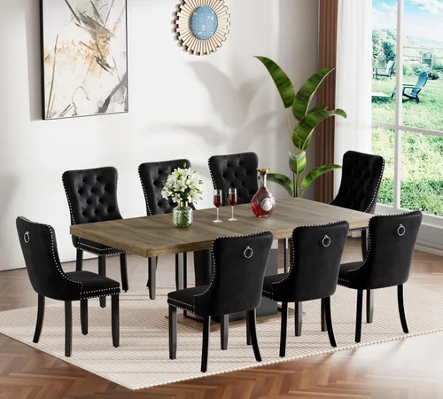 Vista 27 de Henf Juego de mesa de comedor extensible de 78 pulgadas para 6 mesas rectangulares de madera de 7 piezas con 6 sillas tapizadas de terciopelo, mesa
