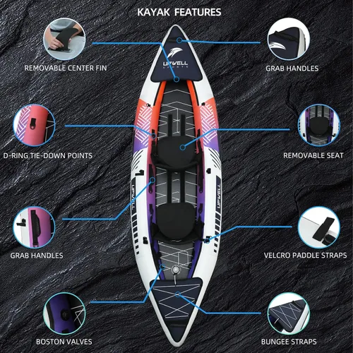 Vista 2 de UPWELL Kayak recreativo inflable de 13'6"/11' – 2 personas con piso de punto de caída y accesorios, incluyendo asientos de kayak con soporte