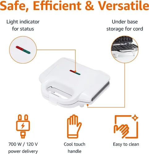 Vista 2 de Amazon Basics Plancha para Waffles 2 Rebanadas Blanca con Revestimiento Antiadherente y Fácil de Limpiar, 700W