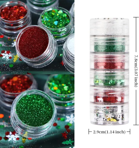 Vista 3 de Dijes de uñas de Navidad con purpurina en polvo rojo y verde para uñas, lentejuelas, holográfico, blanco, diamante, hielo, aurora, azúcar, arena