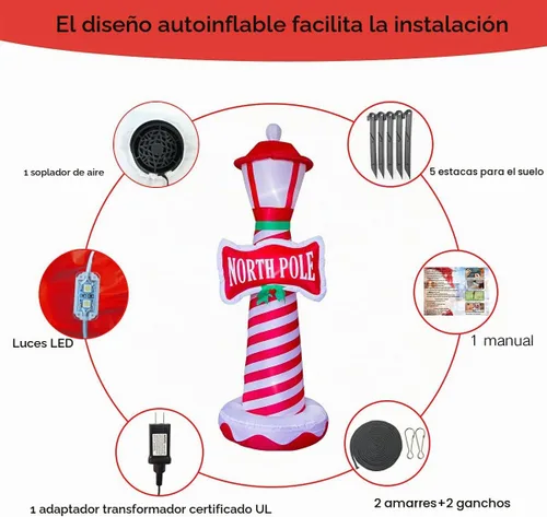 Vista 4 de Poptrend Decoraciones inflables de Navidad, faro inflable de Navidad, decoración de Navidad para patio, césped, hogar con luces LED de Navidad