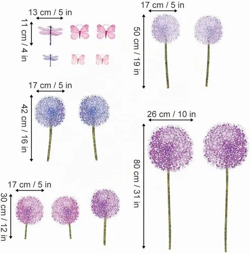 Vista 4 de Calcomanías de pared de dientes de león morados, mariposas, flores, decoración de pared para niñas, dormitorio, sala de estar