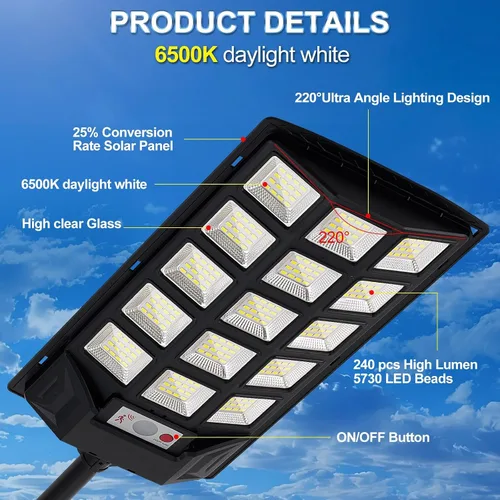 Vista 6 de FEIERYA Luces solares para exteriores, luces solares impermeables IP66 con sensor de movimiento y control remoto, lámparas de calle de 6500 K