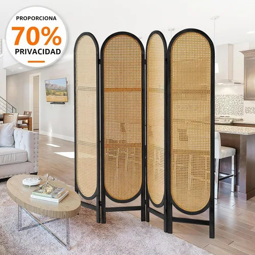 Vista 5 de Divisor de habitación de 4 paneles, divisor de habitación plegable de madera con doble bisagra, pantalla de privacidad individual hecha de ratán