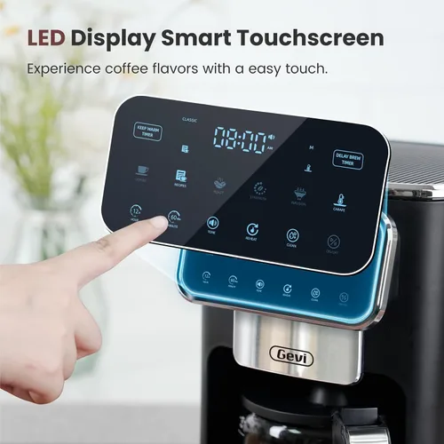 Vista 2 de Gevi Cafetera de 12 tazas con pantalla táctil, cerveza atrevida y helada, jarra de vidrio Cervecera de goteo de 12 tazas, temporizador