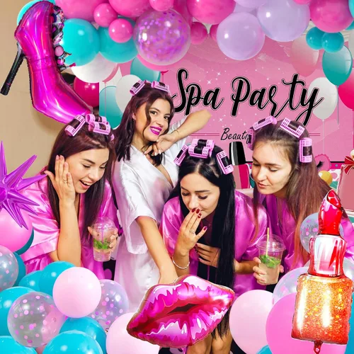 Vista 5 de 127 piezas de suministros de fiesta de spa para niñas, decoración de cumpleaños con guirnalda de globos, globos de papel de aluminio, telón