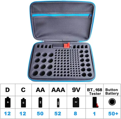 Vista 2 de Estuche organizador de baterías con probador: caja de soporte de batería, organizador de garaje, caja de papá con bolsillo de malla con cremallera
