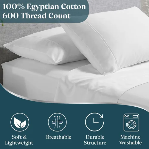 Vista 2 de SKY BEDDINGS Juego de sábanas individuales – Sábanas 100% algodón para cama individual – Juego de sábanas de 600 hilos individual con bolsillo Blanco