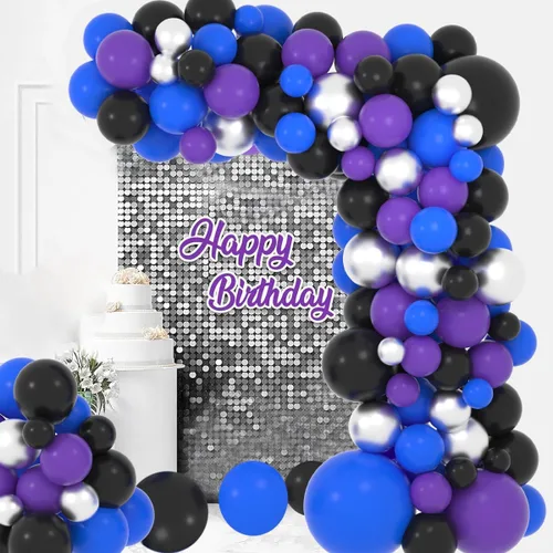 Vista 3 de Kit de arco de guirnalda de globos azules, morados y negros, 122 globos morados, azul rey y negro, globos metálicos plateados para videojuegos