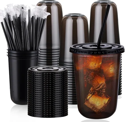 Vista 9 de tchrules Juego de 100 vasos de plástico negro de 12 onzas con tapas y pajitas, taza de café helado desechable con tapa, parte inferior redonda