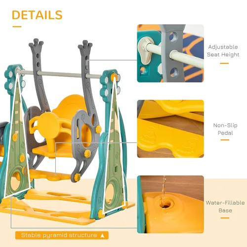 Vista 6 de Qaba Juego de columpio y tobogán 4 en 1 para niños de 1.5 a 3 años con escalador, ultra seguridad, aro de baloncesto, juego de parque infantil