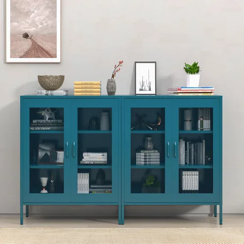Vista 65 de Gabinete de almacenamiento de metal ancho negro, gabinete de acento de 2 puertas para el hogar y la oficina, gabinete de metal bajo de 2 niveles