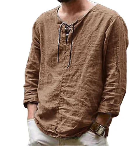 Vista 8 de Camisas de algodón y lino para hombre, manga larga, cuello en V, cordón ajustable, casual, a la moda, ajuste regular, blusas clásicas para exteriores