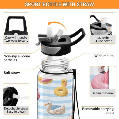 Vista 4 de ALAZA Flamingo Swan Circlen - Botella de agua con tapa de pajilla, 32 onzas, a prueba de fugas, botella de agua deportiva transparente grande
