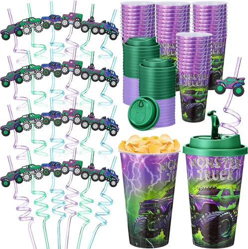 Vista 34 de Yungyan 16 juegos de tazas de golosinas con tapas y pajitas para decoraciones de cumpleaños, reutilizables, 16 onzas, vasos de plástico para dulces