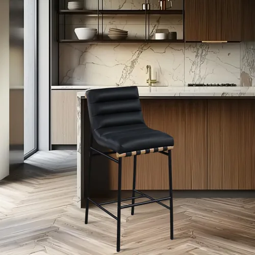 Vista 2 de Meridian Furniture 846Black-C Burke Collection Modern Taburete de bar contemporáneo con cuero vegano negro suave, marco de metal negro mate
