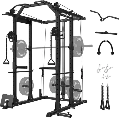 Vista 15 de Mikolo Jaula de Potencia, Rack de Potencia con Sistema de Cruce de Cables, 1500LBS Rack para Sentadillas con Sistema de Jalón LAT, Jaula de Negro
