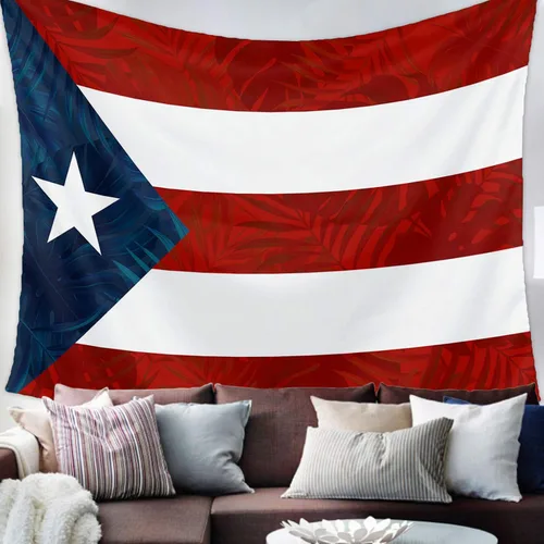 Vista 2 de Tapiz para colgar en la pared, tapices estéticos de bandera de Puerto Rico, estrella de hojas de palmera, rayas rojas y azules, tapiz patriótico