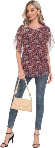 Vista 5 de HAOMEILI Blusas de malla de manga 34 con volantes para mujer, blusas holgadas y elásticas