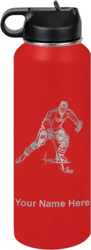 Vista 8 de LaserGram Botella de agua personalizada, jugador de hockey, acero inoxidable de doble pared aislada al vacío con popote superior, regalo grabado