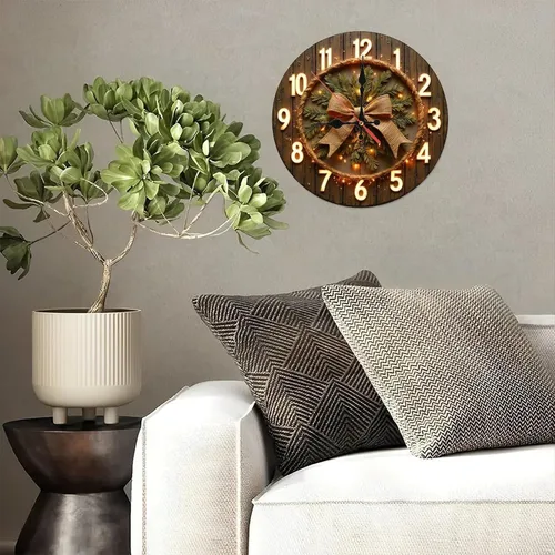 Vista 5 de Illuminated Bow & Pine Wreath Wooden Wall Clock 25x25cm