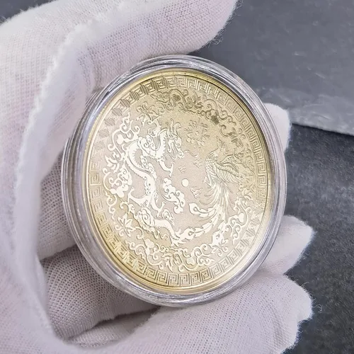 Vista 2 de Colorido dragón chino y fénix moneda de la suerte - Rascador de boletos de lotería - Atrae buena fortuna - Moneda de desafío de buena suerte