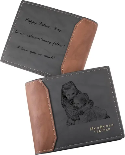 Vista 23 de INBLUE Billetera plegable grabada personalizada, cartera de cuero personalizada con foto y texto grabado, regalos para hombres, marido, papá, hijo