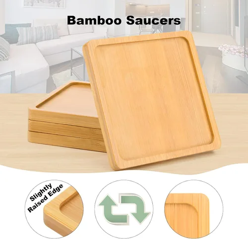 Vista 4 de Cosmos 4 piezas de platillo de bambú para suculentas, bandeja de drenaje con borde elevado para macetas pequeñas de 3.5 pulgadas (forma cuadrada)