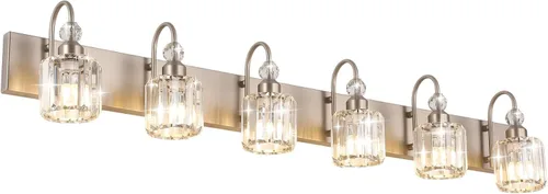 Vista 35 de Ralbay Modernas luces LED de cristal para tocador de baño, 3 luces de acero inoxidable, luces de tocador de cristal sobre el espejo, accesorios