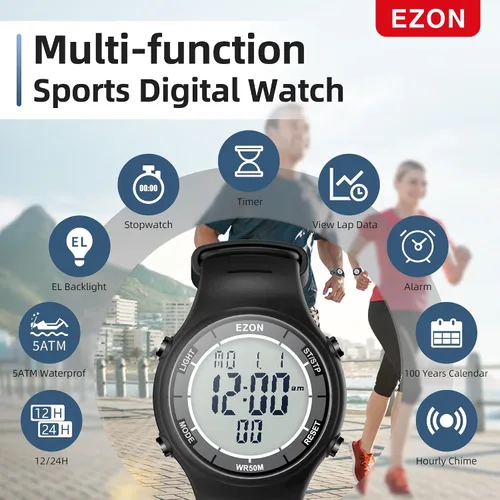 Vista 2 de EZON Reloj digital 5ATM impermeable cronómetro con temporizador de cuenta regresiva, cronógrafo, temporizador de solapa, retroiluminación ELalarma