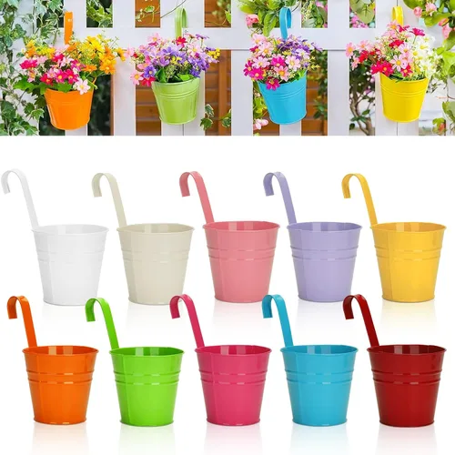 Vista 11 de KINGLAKE Macetas de flores, 10 macetas de metal para colgar en hierro, balcón, jardín, plantas, cestas para vallas, 4 pulgadas, soportes para flores
