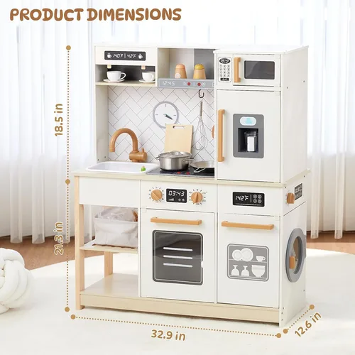 Vista 2 de Freniland Cocina de juego de madera, juego de cocina para niños con luz y sonido reales, máquina de hielo realista, estufa y horno, juguete