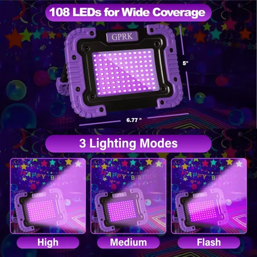 Vista 5 de Luz negra recargable - Luz negra UV alimentada por batería, portátil, luz de inundación ultravioleta inalámbrica de 395 nm para fiestas brillantes
