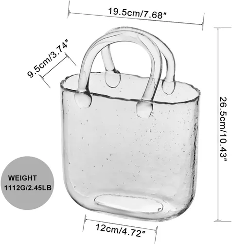 Vista 7 de 1 pieza de jarrón de bolsa de vidrio transparente para flores - Jarrón de bolso de vidrio hecho a mano, ideal para centros de mesa - Elegante
