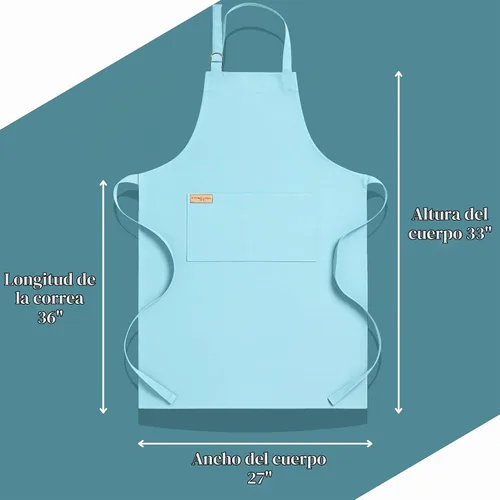 Vista 6 de Delantal de cocina 100% algodón con 2 bolsillos, delantal de chef ajustable para cocinar, hornear barbacoa, delantal unisex Aguamarina