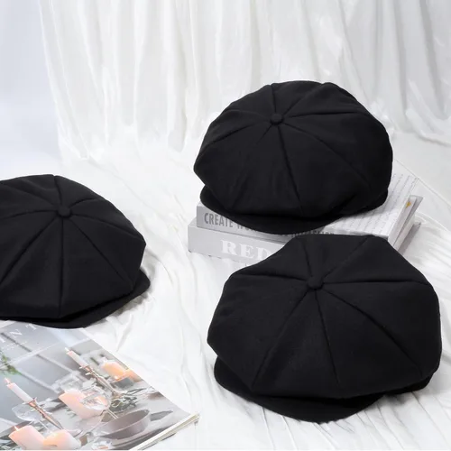 Vista 2 de CHIC DIARY Hombres Lana Mezcla Newsboy Cap Classic Black Flat Cabbie