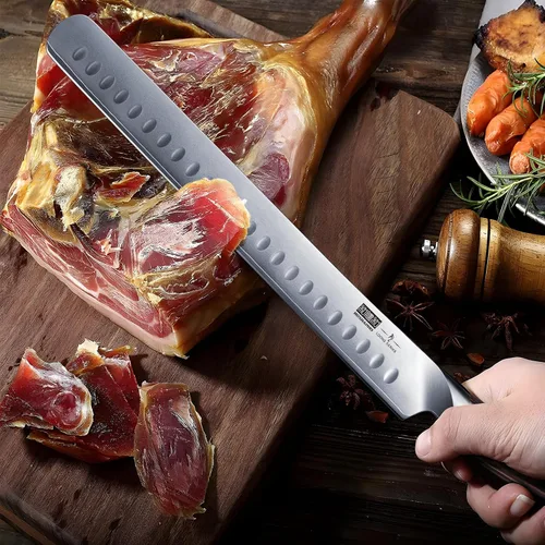 Vista 7 de HOSHANHO - Cuchillo de tallar de 12 pulgadas, cuchillo de corte de acero japonés de alto carbono con mango ergonómico de madera de Pakka, cuchillos