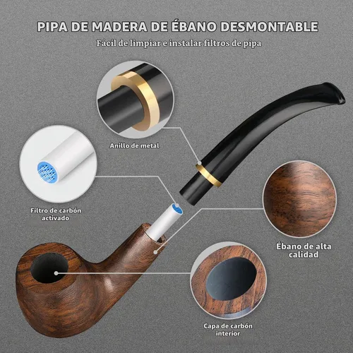 Vista 2 de Scotte pipa para fumar tabaco de madera de ébano lobular, pipa para tabaco, elemento filtro de 9 mm
