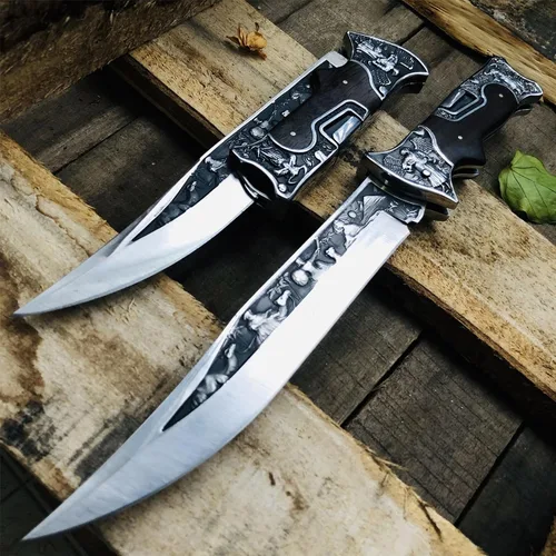 Vista 3 de MADSABRE Cuchillo de cabaña semi plegable grande de 12.7 pulgadas con hoja de 7.9 pulgadas de largo, mango de madera con patrón de relieve 3D