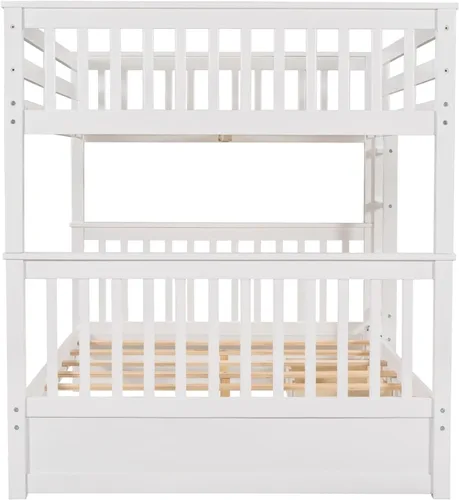 Vista 7 de Literas de tamaño matrimonial sobre matrimonial, marco de cama de madera, marco de cama de plataforma blanco completo, marco de cama de madera