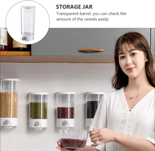Vista 7 de Kichvoe Tarro de almacenamiento montado en la pared 1.5L dispensador de grano transparente a prueba de humedad organizador de alimentos ahorro